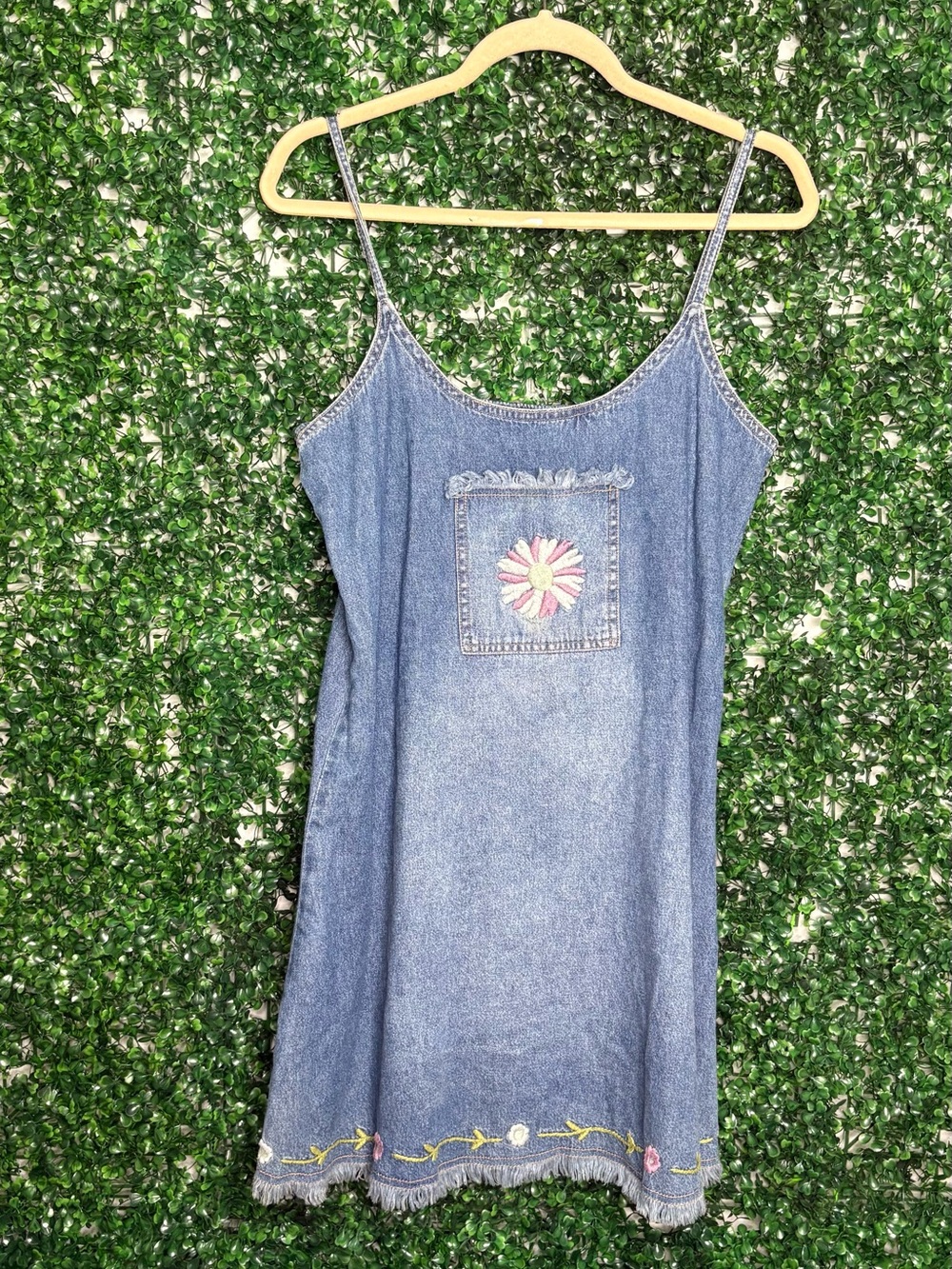 90s Vintage Denim Mini Dress with Daisy Embroidery - Blue